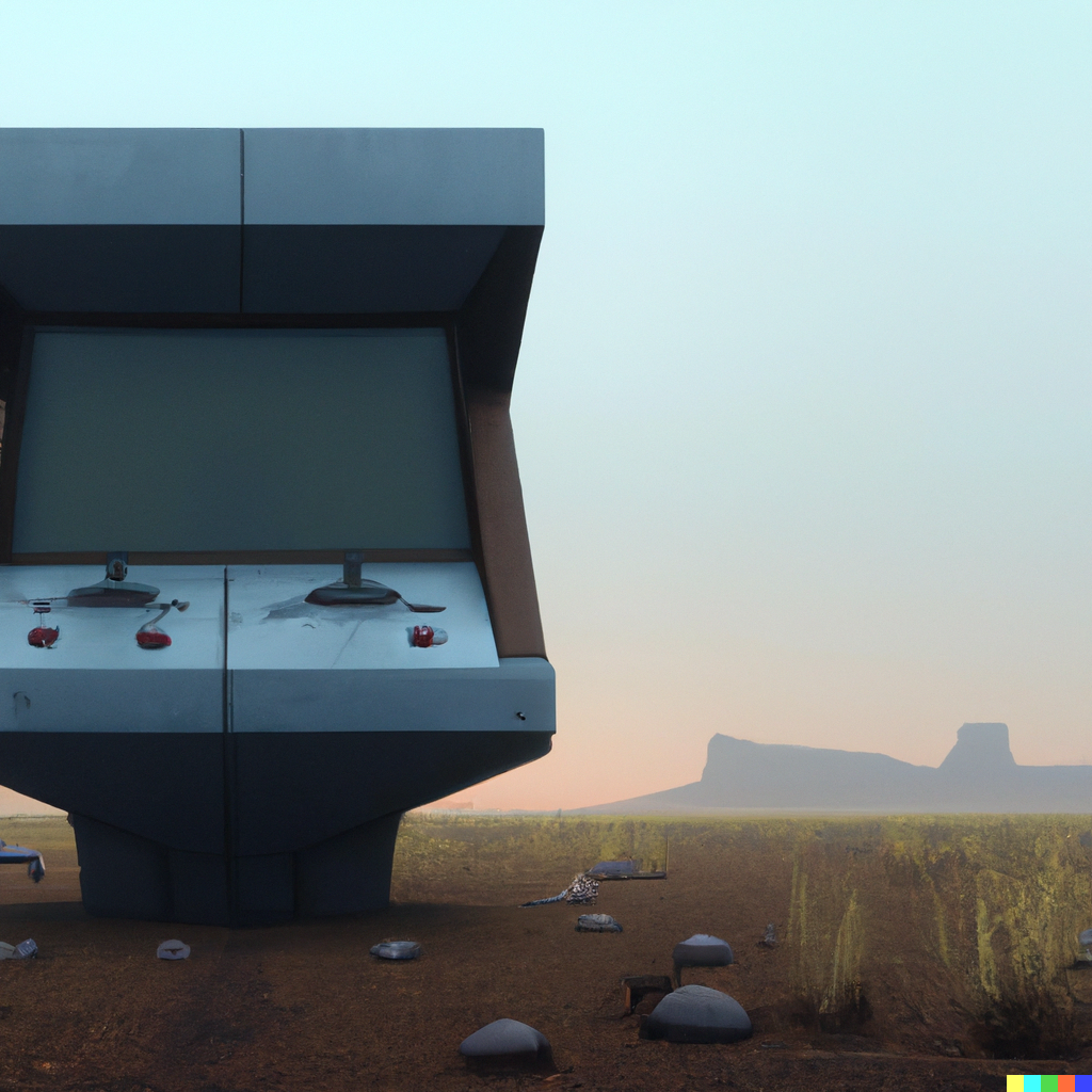 A giant arcade console, 3/4 view up close with a strange barren landscape the background. twilight and overcast. sci-fi digital painting by Simon Stålenhag