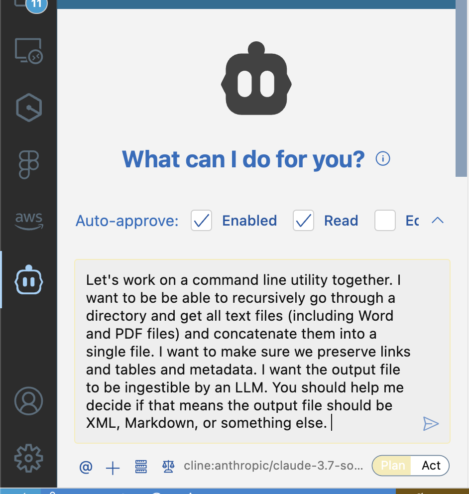 Request to Cline in `plan` mode