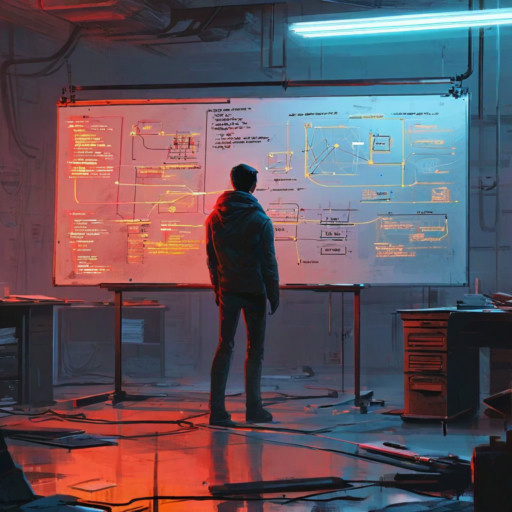 A person standing at a whiteboard with complex flowcharts and diagrams, surrounded by holographic code that writes itself. Digital painting in the style of Simon Stålenhag