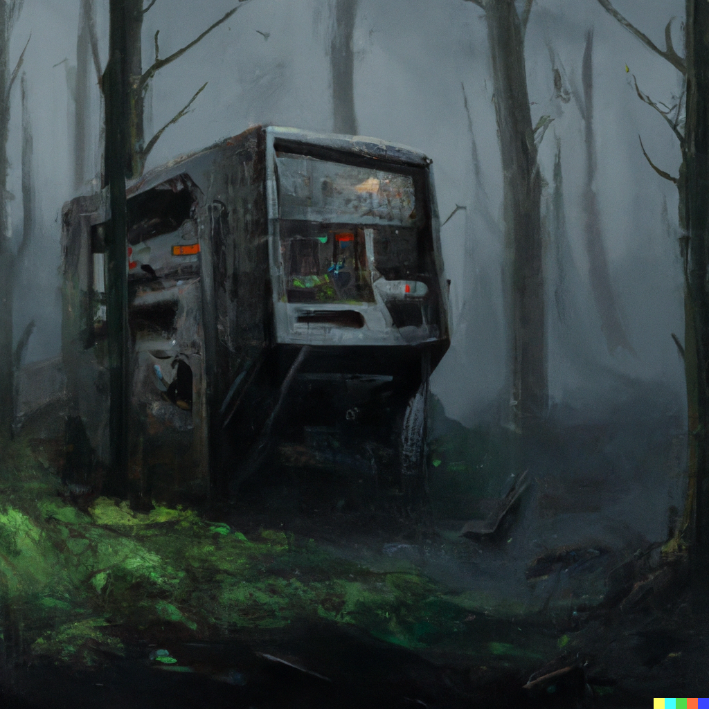 A relic PC rusting in dark misty forest, overcast, sci-fi digital painting by Simon Stålenhag